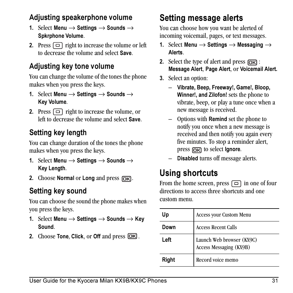 Setting message alerts, Using shortcuts, Adjusting speakerphone volume | Adjusting key tone volume, Setting key length, Setting key sound | Kyocera Milan KX9C User Manual | Page 37 / 64