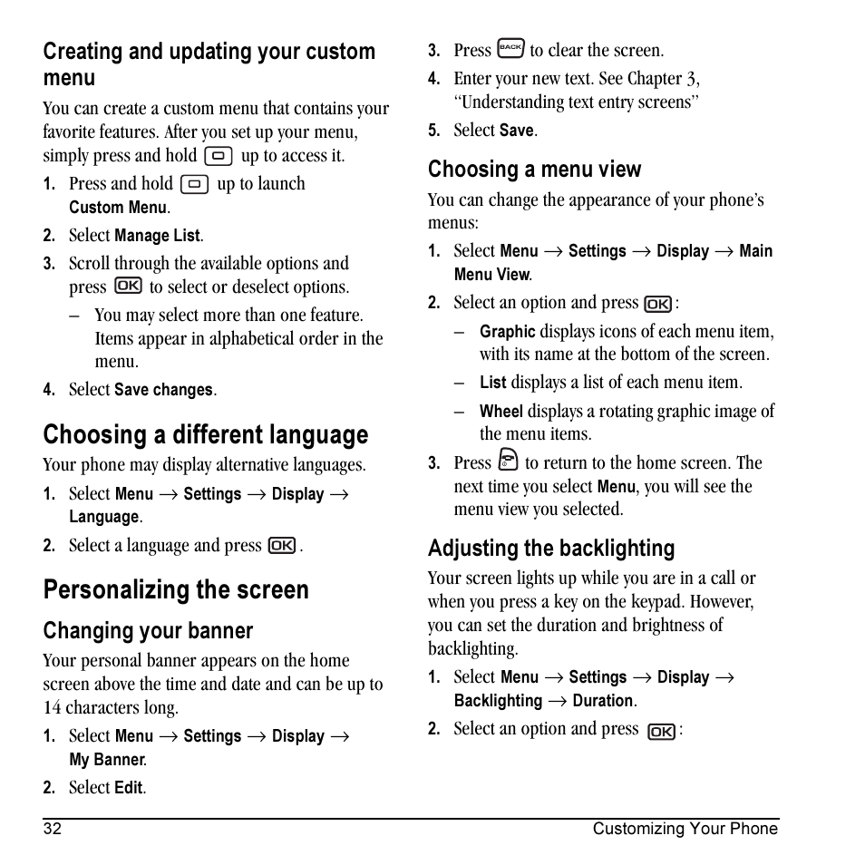 Choosing a different language, Personalizing the screen, Creating and updating your custom menu | Changing your banner, Choosing a menu view, Adjusting the backlighting | Kyocera Milan KX9C User Manual | Page 38 / 64