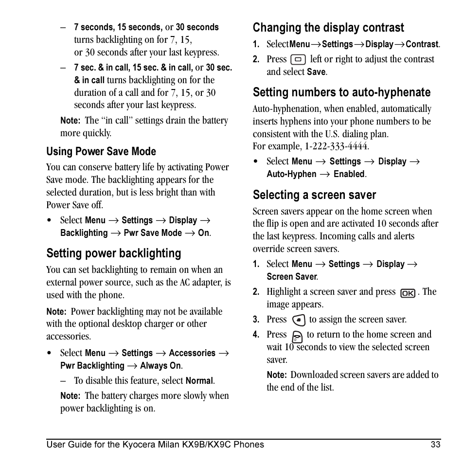 Setting power backlighting, Changing the display contrast, Setting numbers to auto-hyphenate | Selecting a screen saver | Kyocera Milan KX9C User Manual | Page 39 / 64