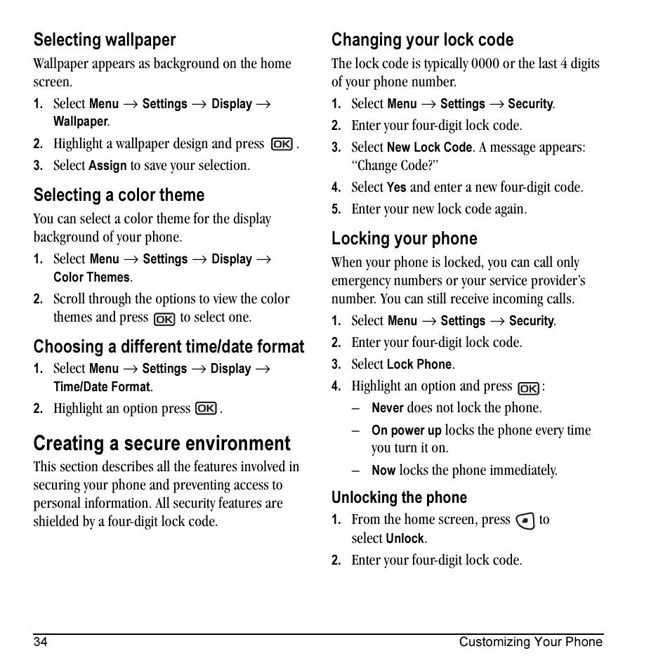 Creating a secure environment, Selecting wallpaper, Selecting a color theme | Choosing a different time/date format, Changing your lock code, Locking your phone | Kyocera Milan KX9C User Manual | Page 40 / 64