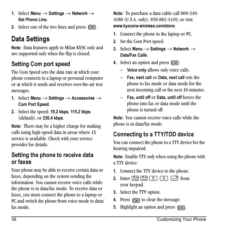 Data settings, Setting com port speed, Setting the phone to receive data or faxes | Connecting to a tty/tdd device | Kyocera Milan KX9C User Manual | Page 42 / 64