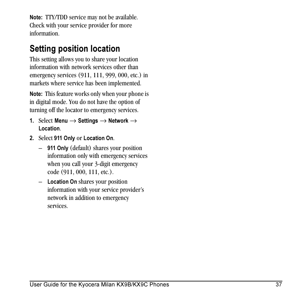 Setting position location | Kyocera Milan KX9C User Manual | Page 43 / 64