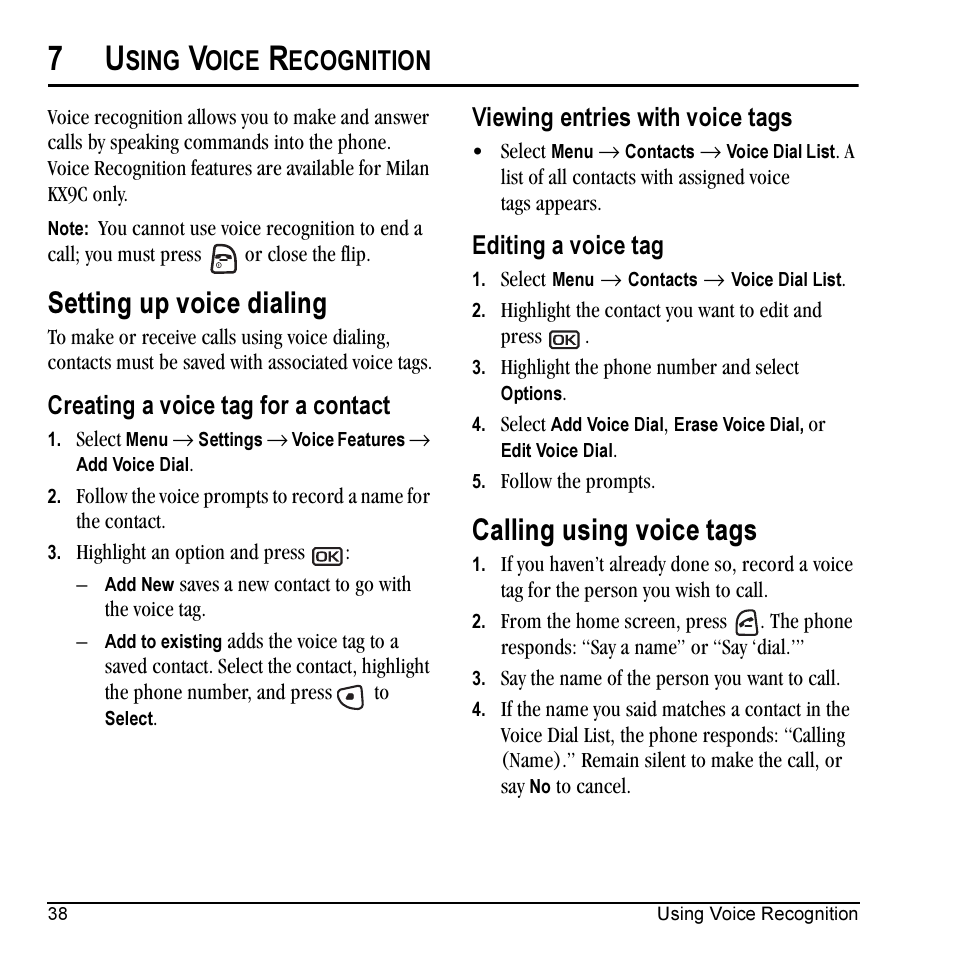 Setting up voice dialing, Calling using voice tags, Sing | Oice, Ecognition, Creating a voice tag for a contact, Viewing entries with voice tags, Editing a voice tag | Kyocera Milan KX9C User Manual | Page 44 / 64