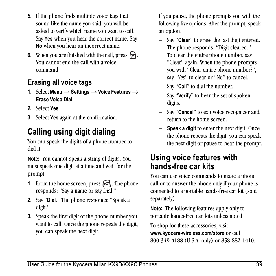 Calling using digit dialing, Using voice features with hands-free car kits, Erasing all voice tags | Kyocera Milan KX9C User Manual | Page 45 / 64