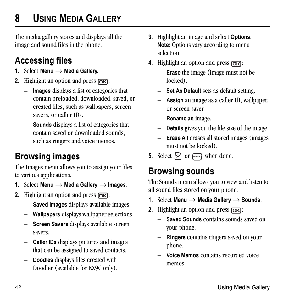 Accessing files, Browsing images, Browsing sounds | Sing, Edia, Allery | Kyocera Milan KX9C User Manual | Page 48 / 64