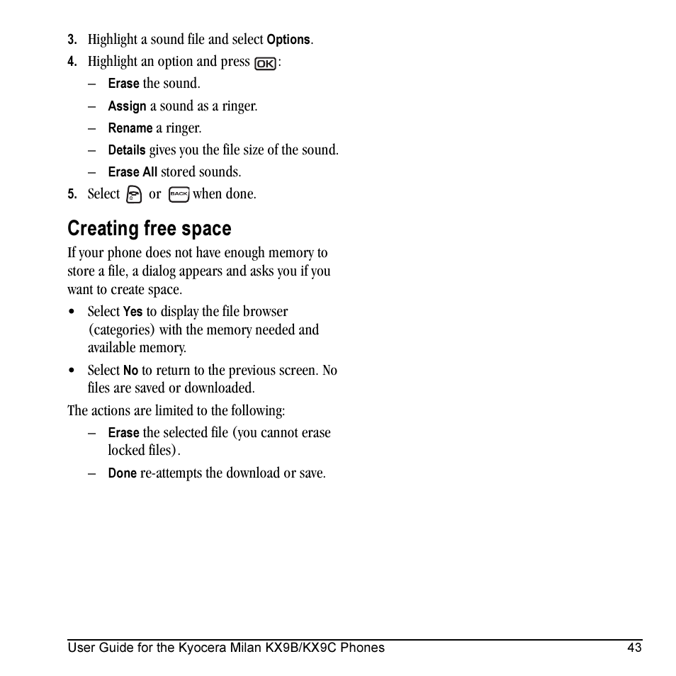 Creating free space | Kyocera Milan KX9C User Manual | Page 49 / 64