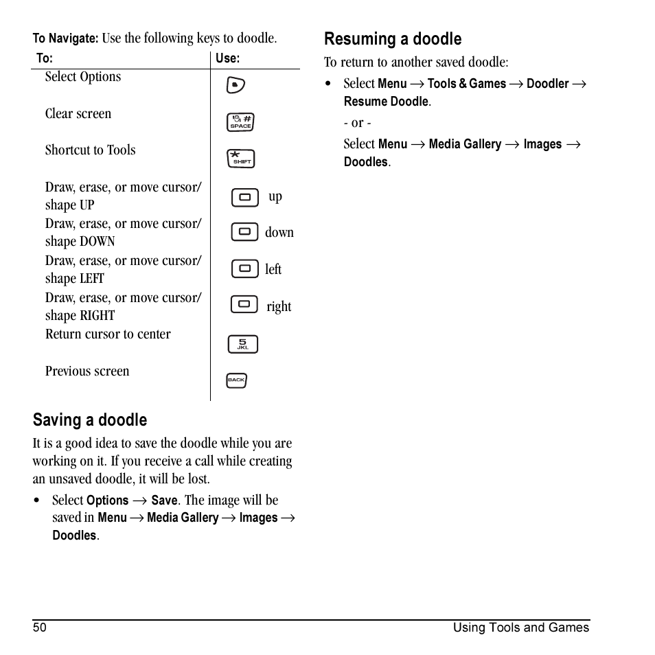 Saving a doodle, Resuming a doodle | Kyocera Milan KX9C User Manual | Page 56 / 64