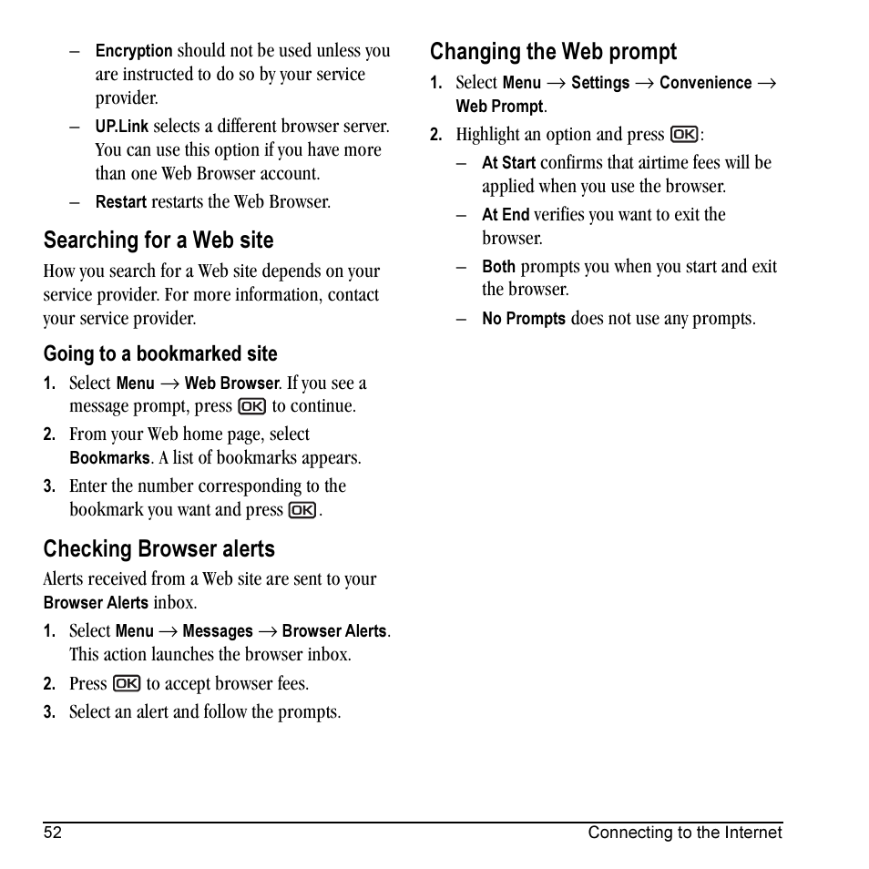 Searching for a web site, Checking browser alerts, Changing the web prompt | Kyocera Milan KX9C User Manual | Page 58 / 64