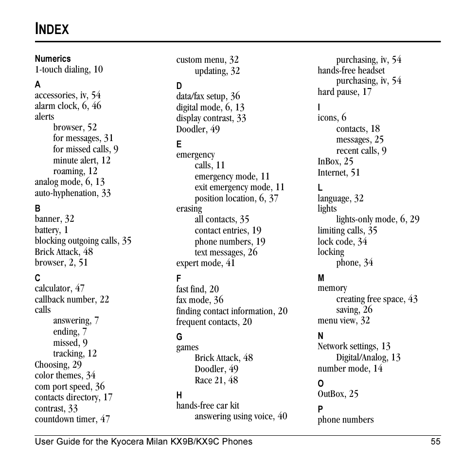 Ndex | Kyocera Milan KX9C User Manual | Page 61 / 64