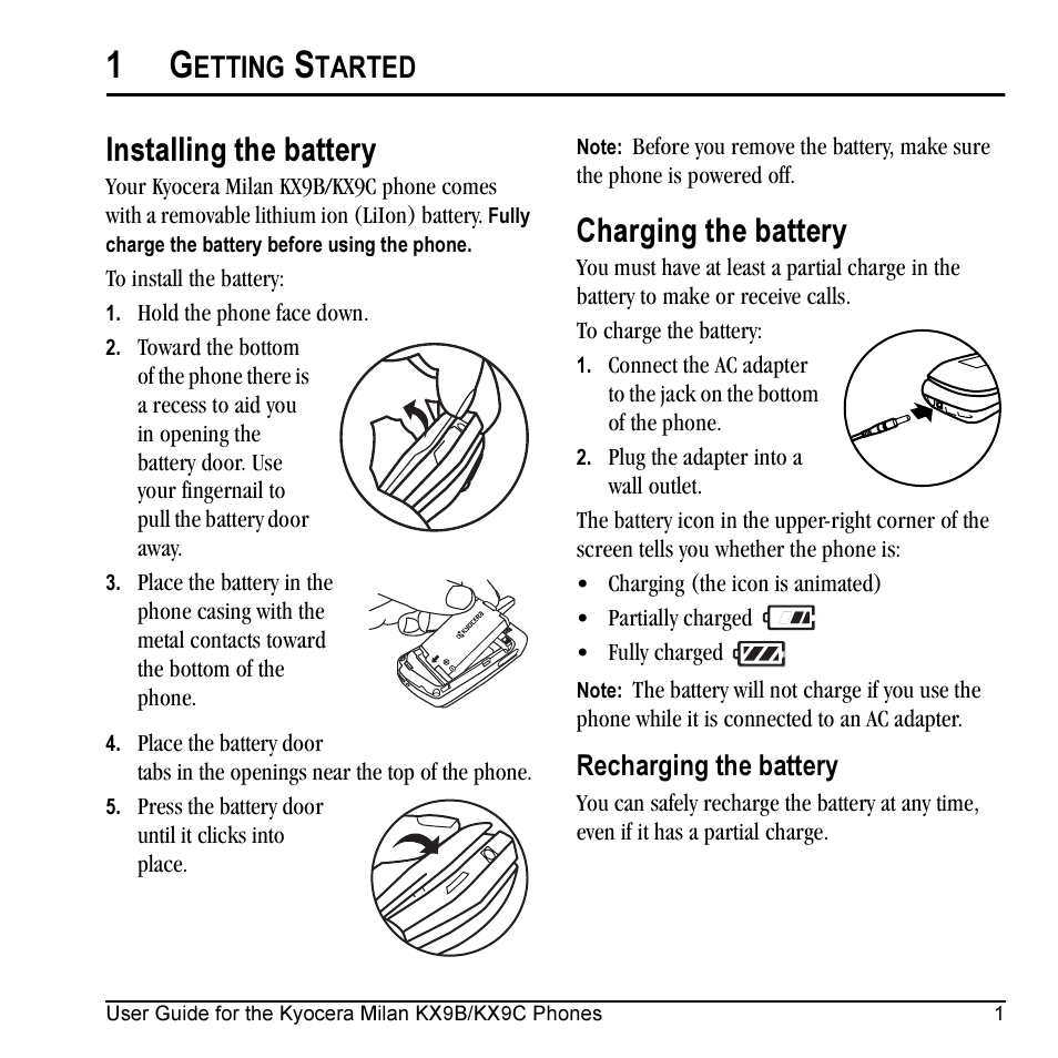 Installing the battery, Charging the battery, Etting | Tarted, Recharging the battery | Kyocera Milan KX9C User Manual | Page 7 / 64
