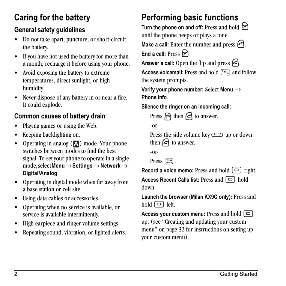 Caring for the battery, Performing basic functions | Kyocera Milan KX9C User Manual | Page 8 / 64