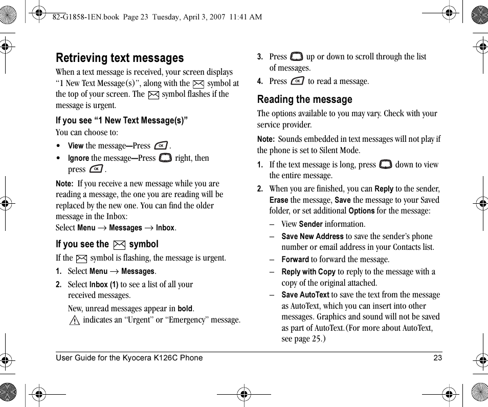 Retrieving text messages, Reading the message | Kyocera K126C User Manual | Page 31 / 56