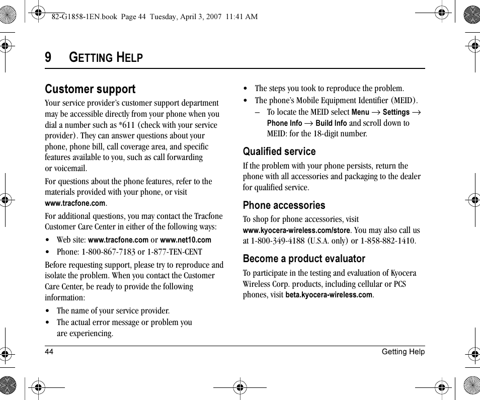 Customer support, Etting | Kyocera K126C User Manual | Page 52 / 56