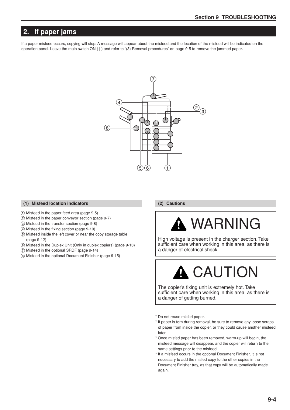 Warning, Caution, If paper jams | Kyocera KM-C830 User Manual | Page 137 / 161