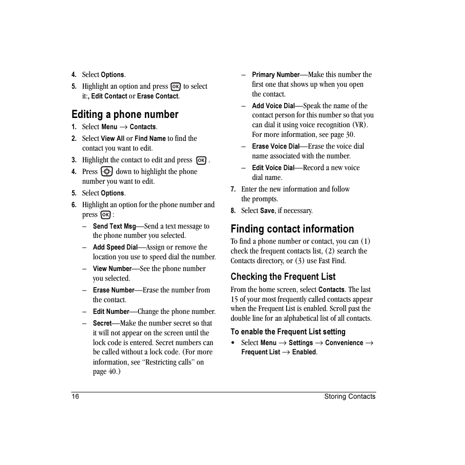 Editing a phone number, Finding contact information, Checking the frequent list | Kyocera Candid KX16 User Manual | Page 22 / 64