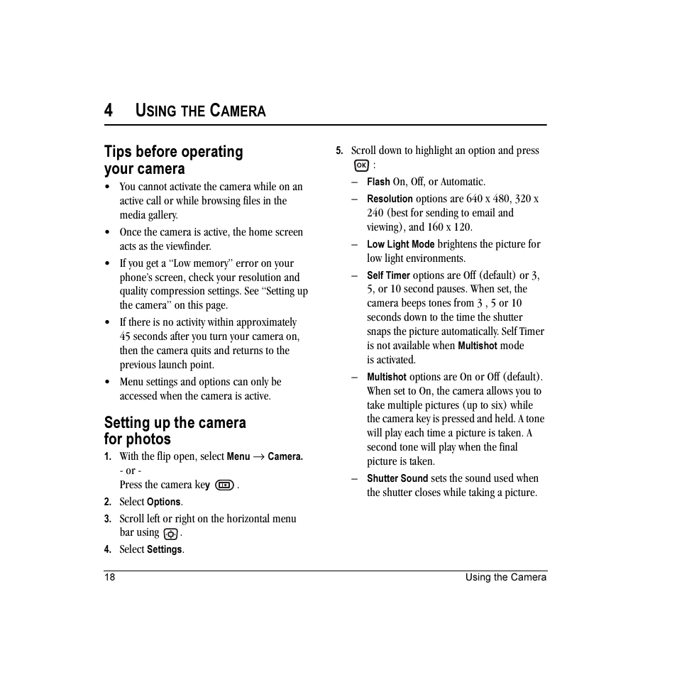 Tips before operating your camera, Setting up the camera for photos, Sing the | Amera | Kyocera Candid KX16 User Manual | Page 24 / 64
