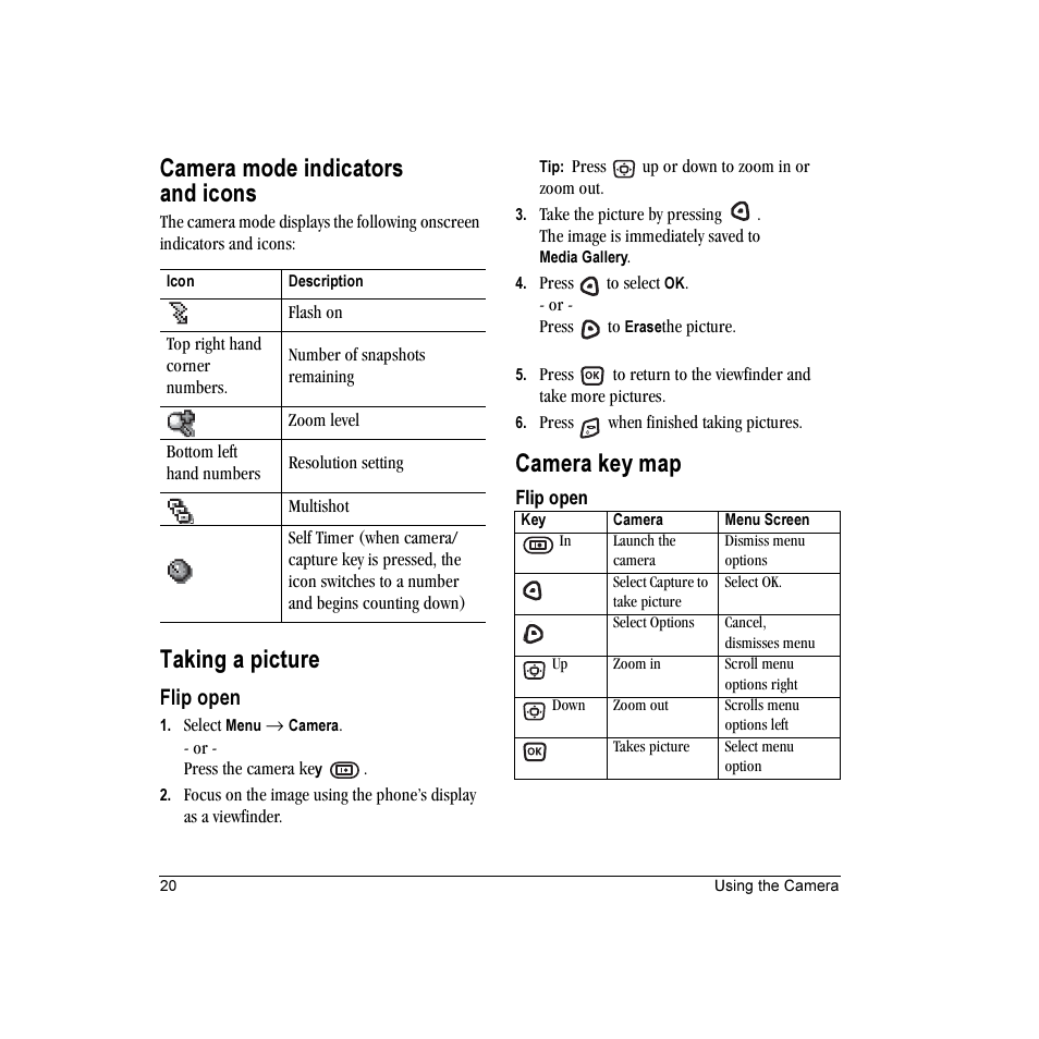 Camera mode indicators and icons, Taking a picture, Camera key map | Flip open | Kyocera Candid KX16 User Manual | Page 26 / 64
