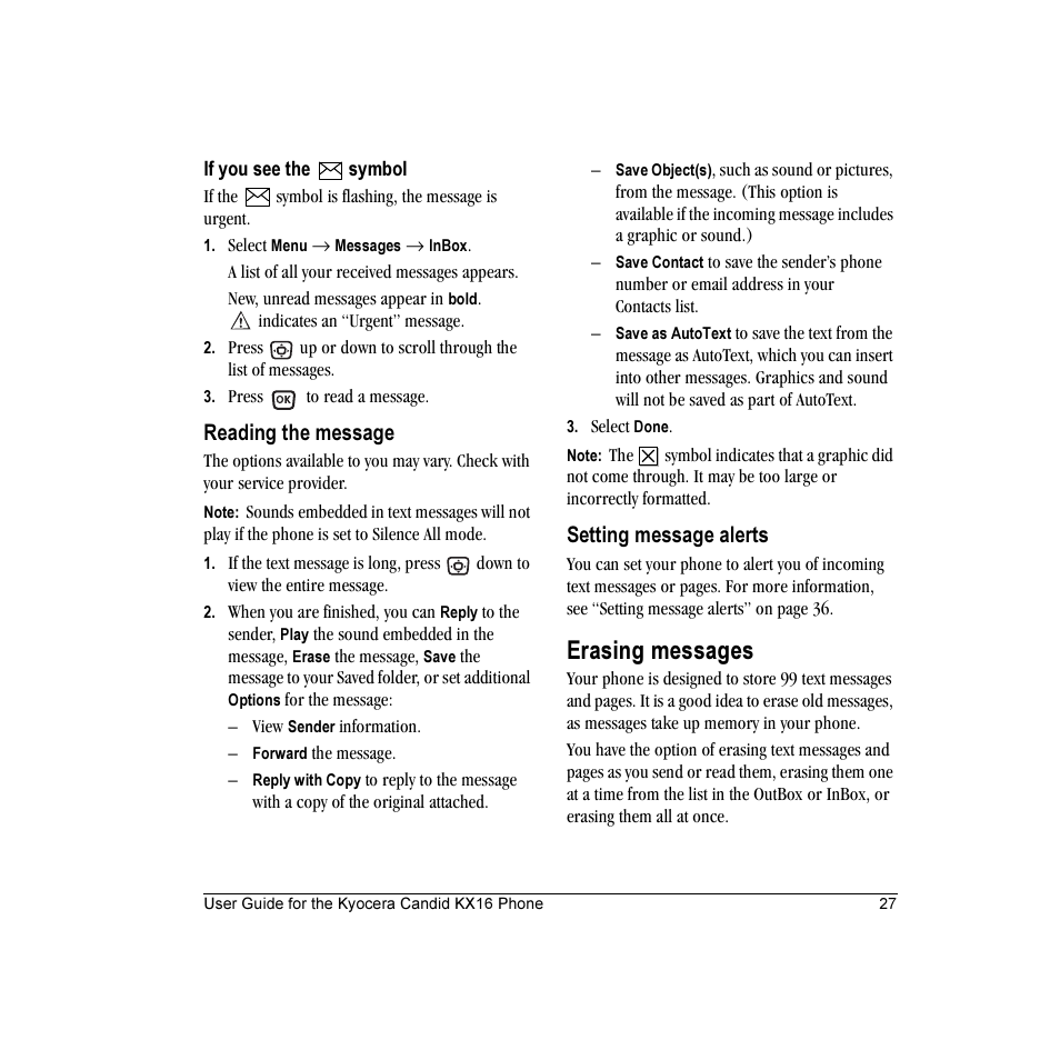 Erasing messages, Reading the message, Setting message alerts | Kyocera Candid KX16 User Manual | Page 33 / 64