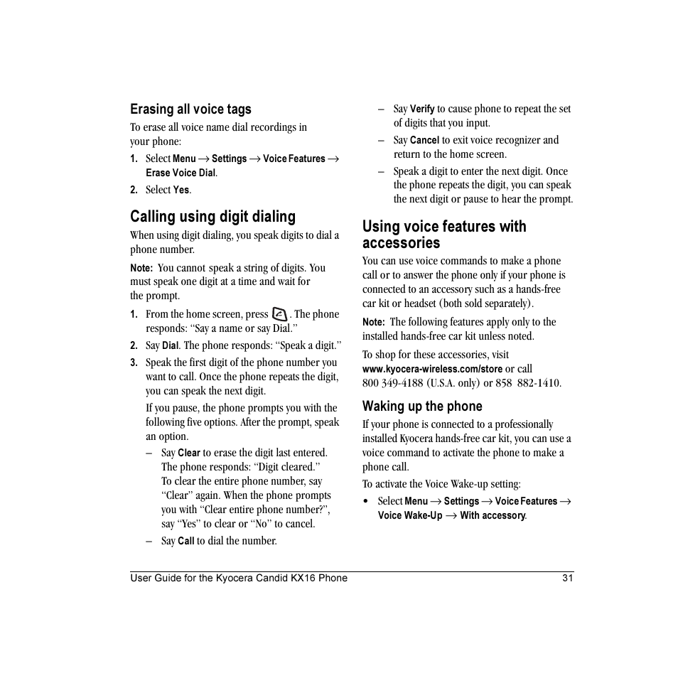 Calling using digit dialing, Using voice features with accessories, Erasing all voice tags | Waking up the phone | Kyocera Candid KX16 User Manual | Page 37 / 64