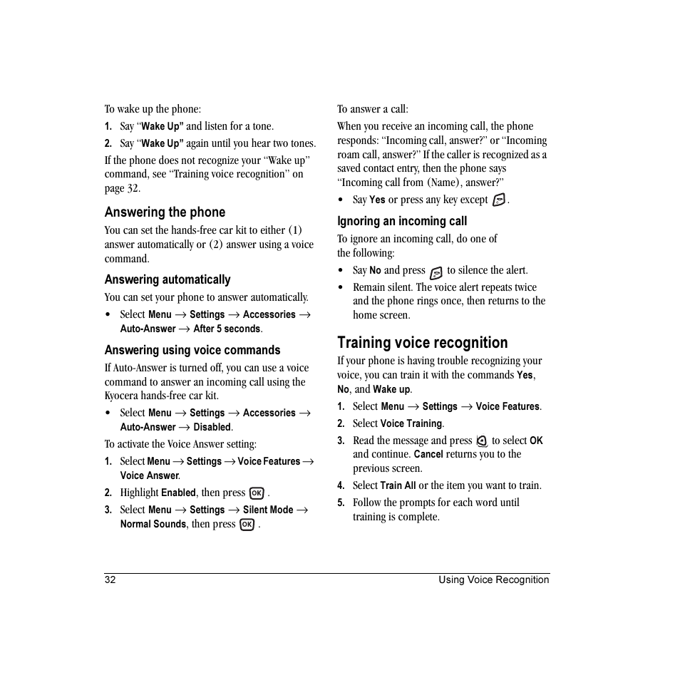 Training voice recognition, Answering the phone | Kyocera Candid KX16 User Manual | Page 38 / 64