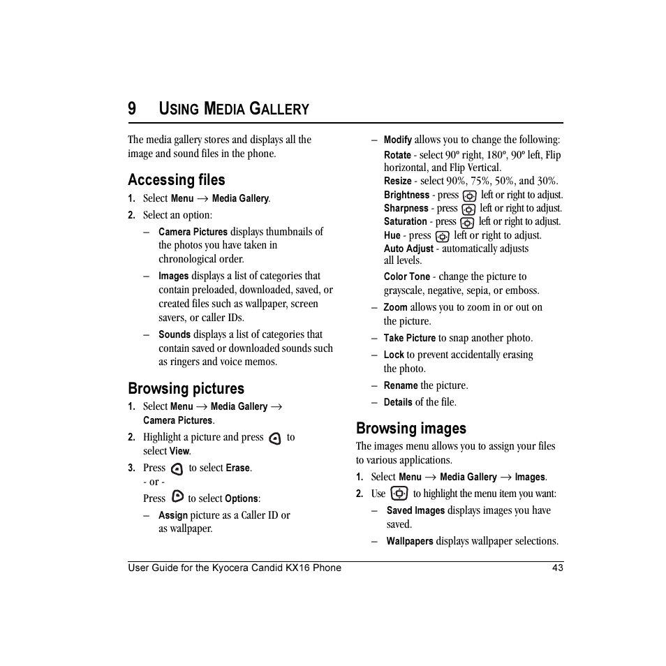 Accessing files, Browsing pictures, Browsing images | Sing, Edia, Allery | Kyocera Candid KX16 User Manual | Page 49 / 64