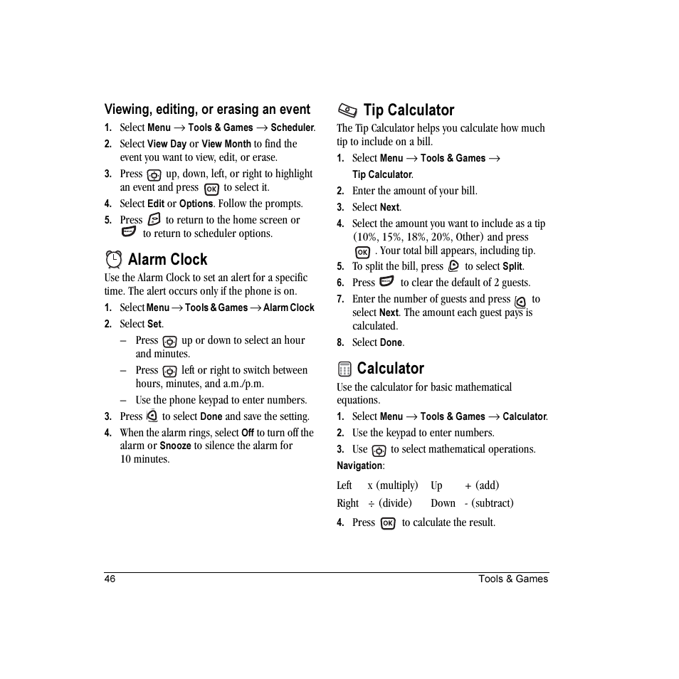 Alarm clock, Tip calculator, Calculator | Viewing, editing, or erasing an event | Kyocera Candid KX16 User Manual | Page 52 / 64