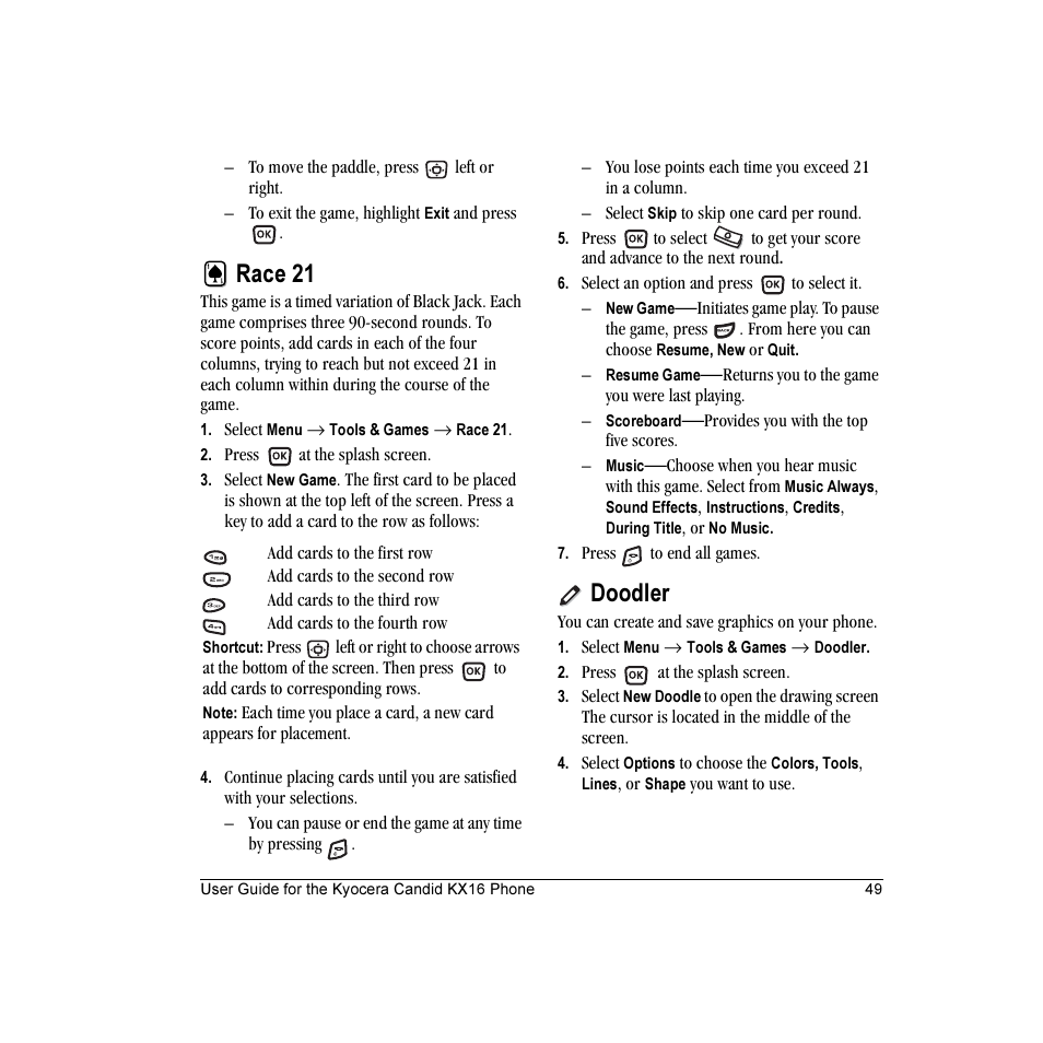 Race 21, Doodler | Kyocera Candid KX16 User Manual | Page 55 / 64