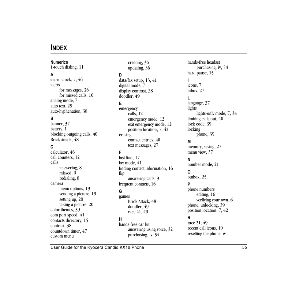 Ndex | Kyocera Candid KX16 User Manual | Page 61 / 64
