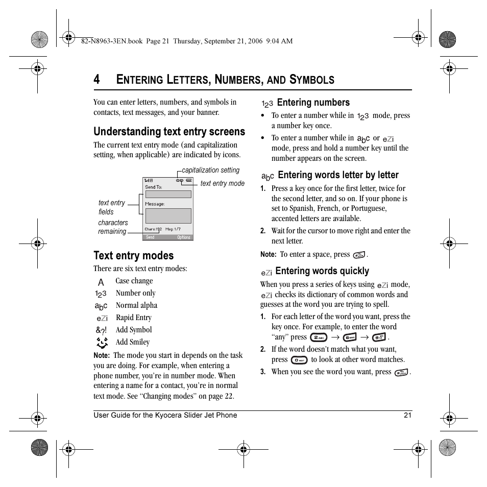 Understanding text entry screens, Text entry modes | Kyocera SLIDER JET KX18 User Manual | Page 27 / 80