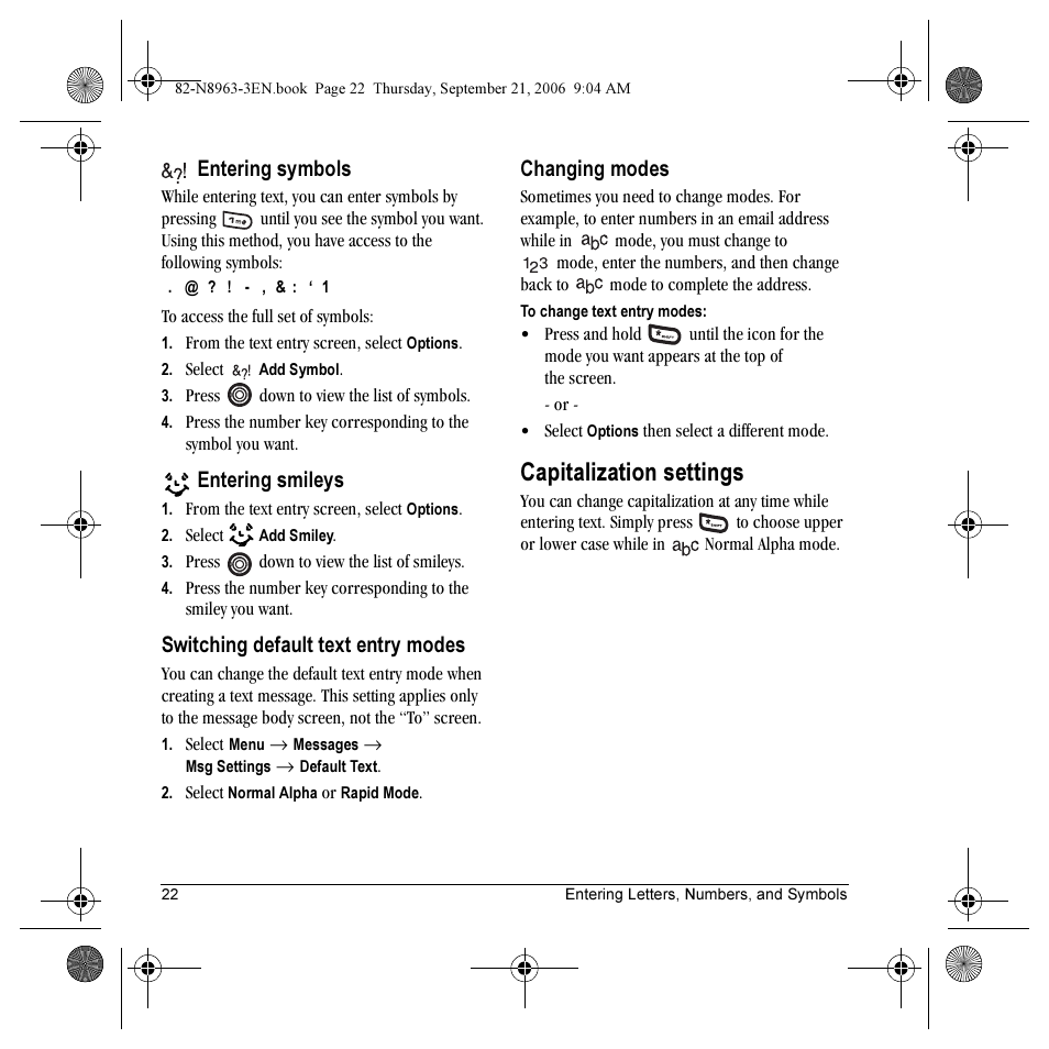 Capitalization settings, Entering symbols, Entering smileys | Switching default text entry modes, Changing modes | Kyocera SLIDER JET KX18 User Manual | Page 28 / 80