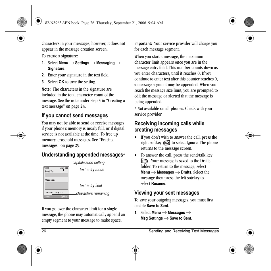 If you cannot send messages, Understanding appended messages, Receiving incoming calls while creating messages | Viewing your sent messages | Kyocera SLIDER JET KX18 User Manual | Page 32 / 80