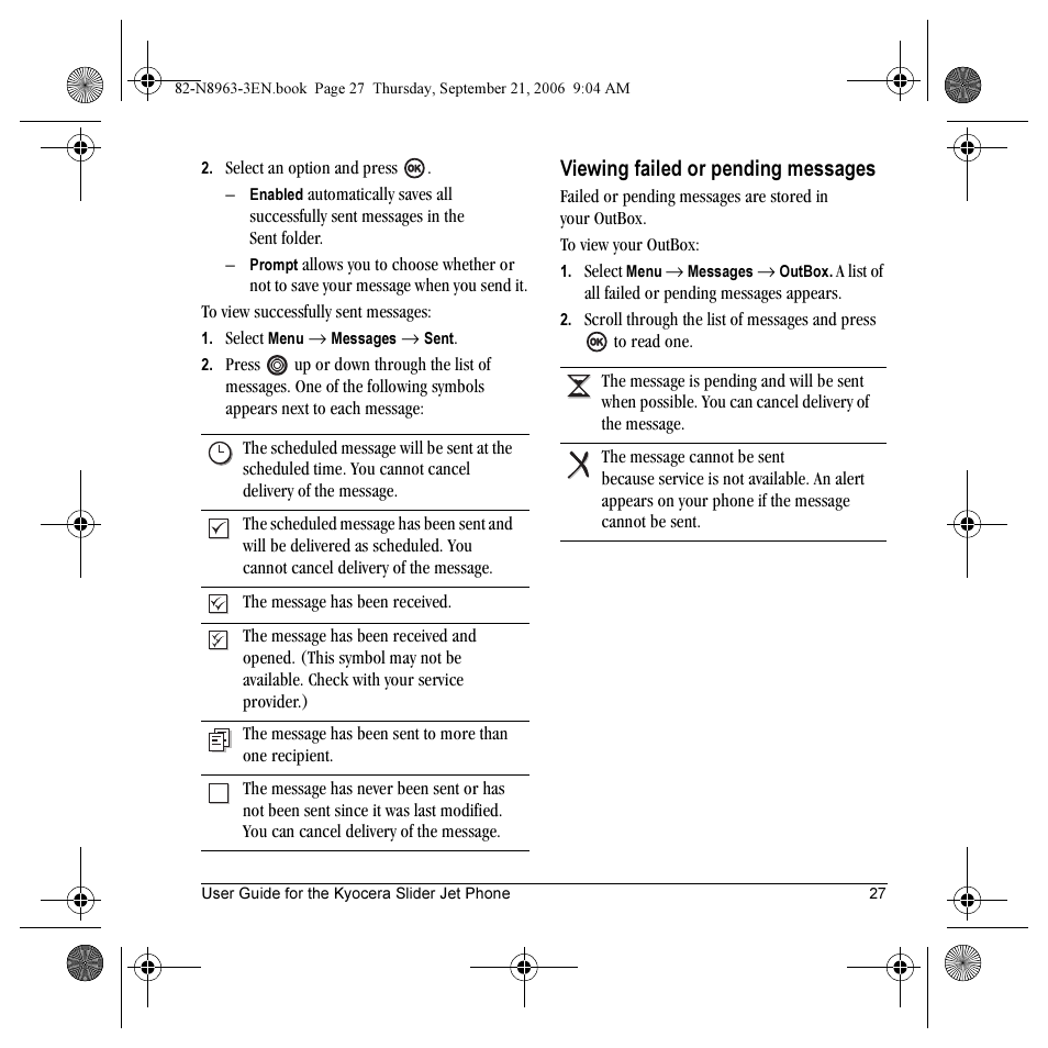 Viewing failed or pending messages | Kyocera SLIDER JET KX18 User Manual | Page 33 / 80