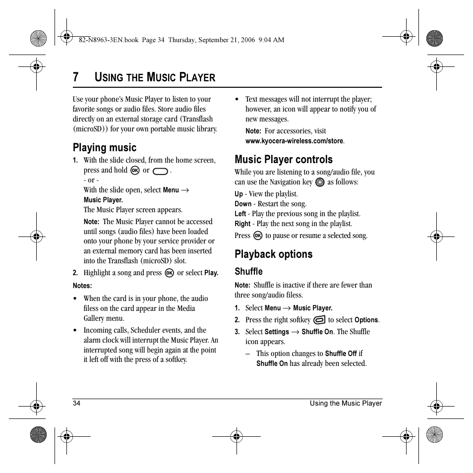 Playing music, Music player controls, Playback options | Sing, Usic, Layer | Kyocera SLIDER JET KX18 User Manual | Page 40 / 80