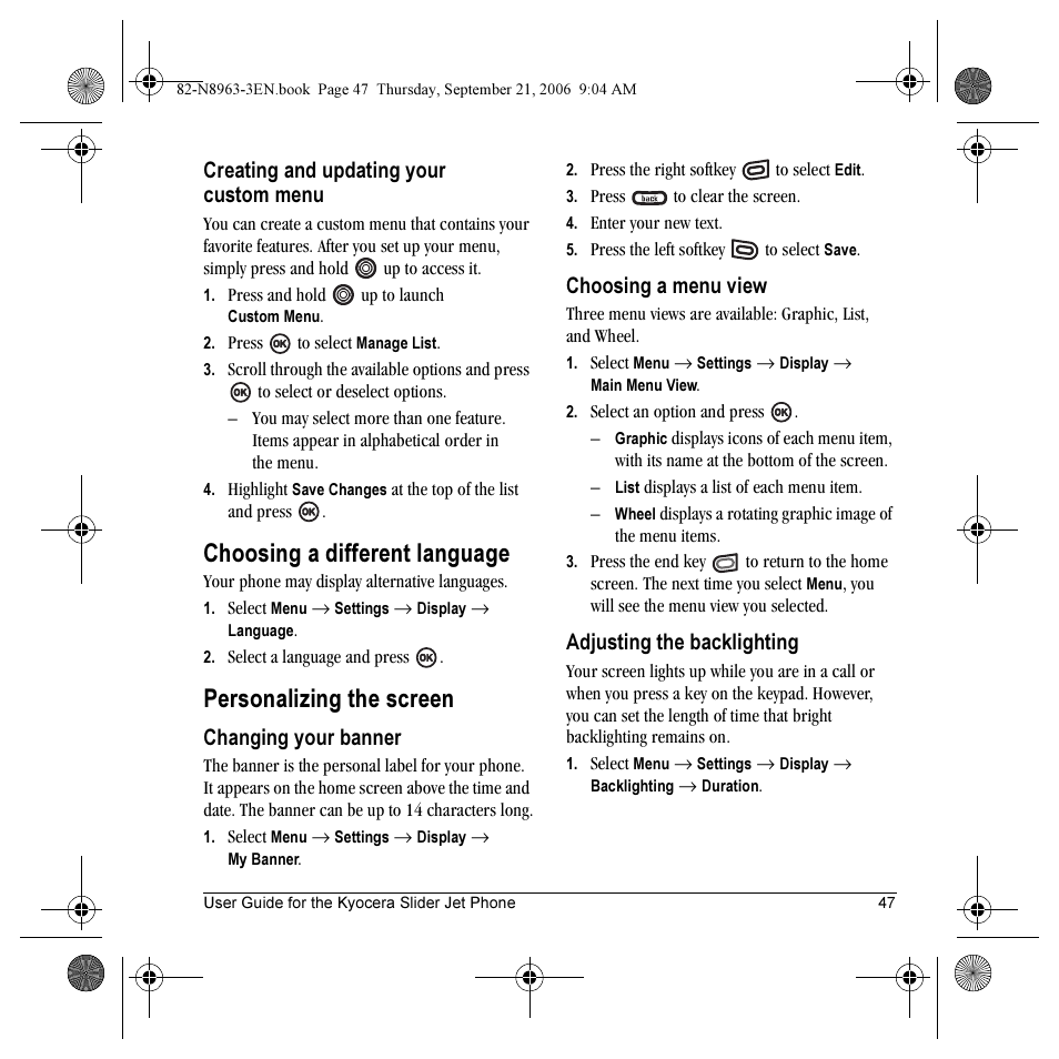 Choosing a different language, Personalizing the screen, Creating and updating your custom menu | Changing your banner, Choosing a menu view, Adjusting the backlighting | Kyocera SLIDER JET KX18 User Manual | Page 53 / 80