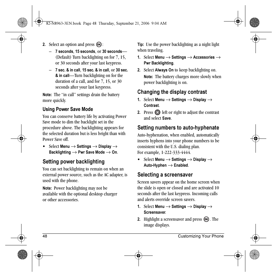 Setting power backlighting, Changing the display contrast, Setting numbers to auto-hyphenate | Selecting a screensaver | Kyocera SLIDER JET KX18 User Manual | Page 54 / 80