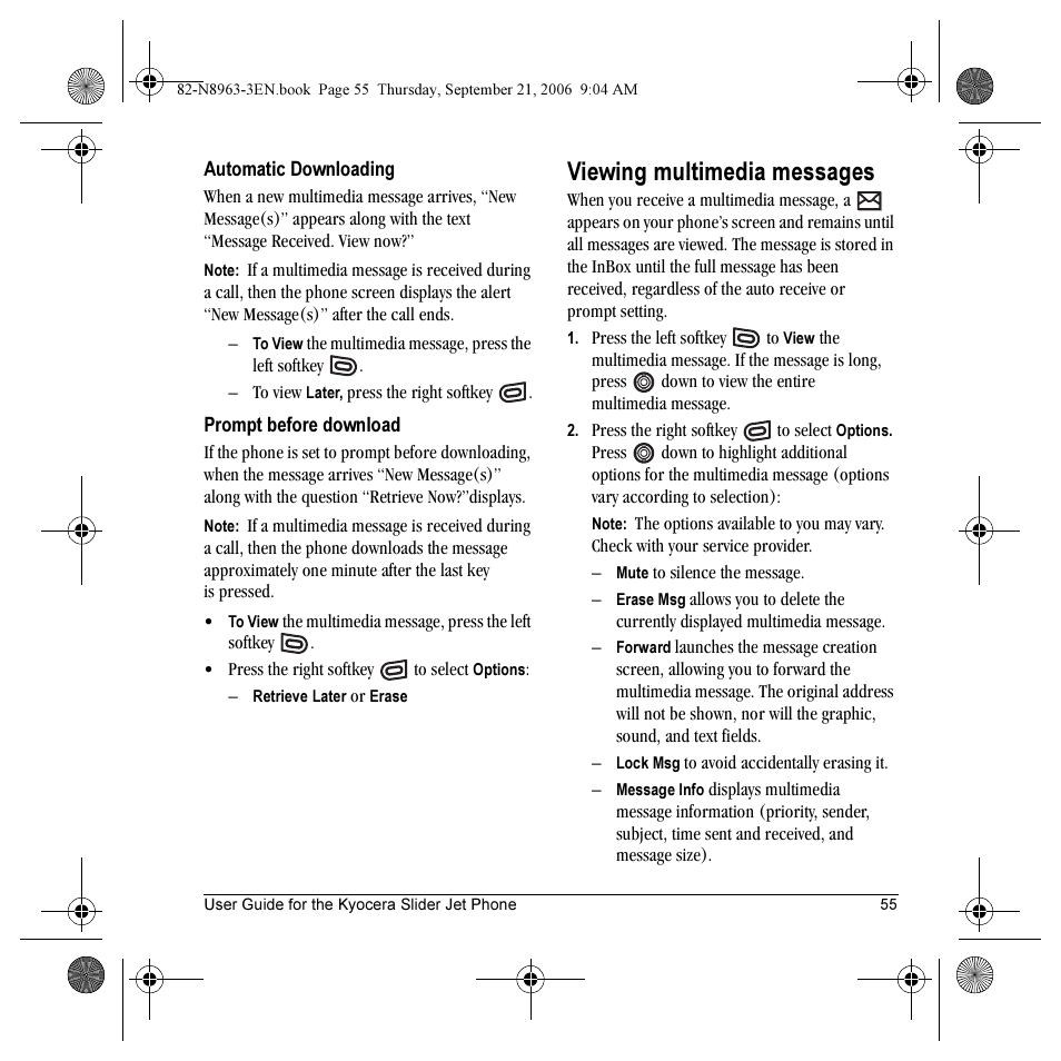 Viewing multimedia messages | Kyocera SLIDER JET KX18 User Manual | Page 61 / 80