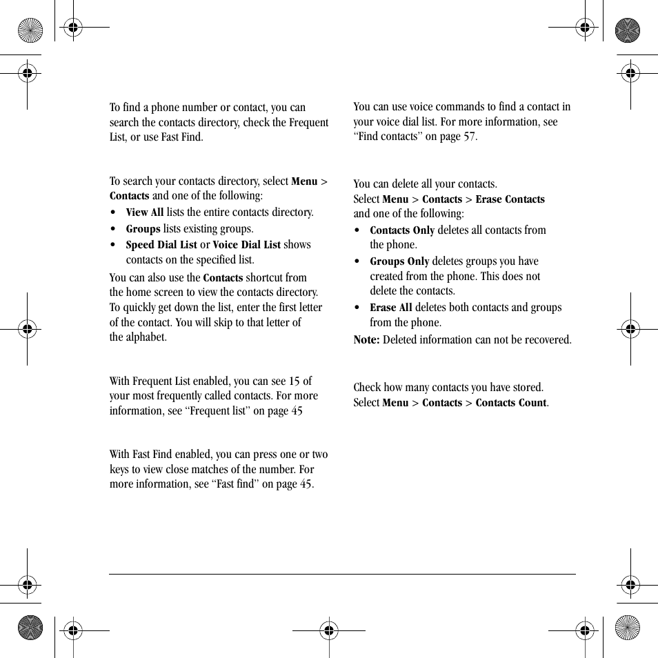 Search contacts, Delete all contacts, Contacts count | Kyocera S2410 User Manual | Page 37 / 72