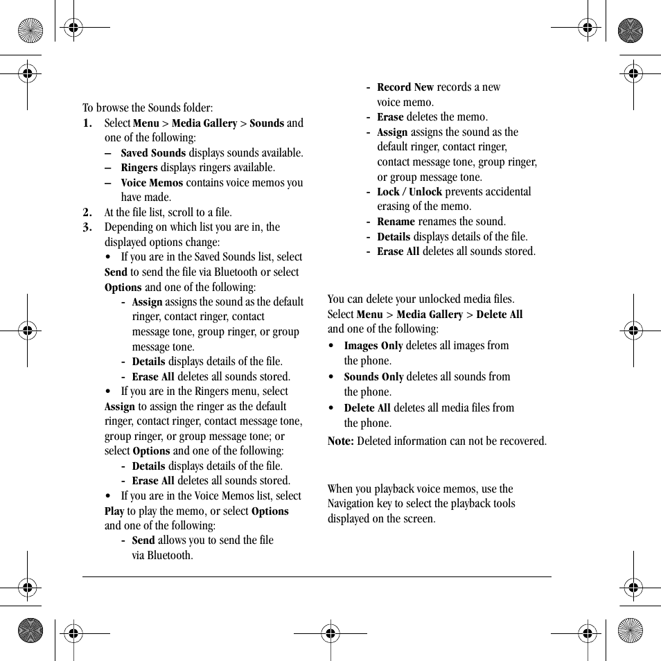 Browse sounds, Delete all files, Playback tools | Kyocera S2410 User Manual | Page 48 / 72