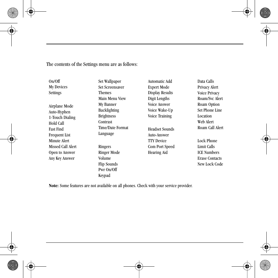 12 settings, Menu options | Kyocera S2410 User Manual | Page 49 / 72