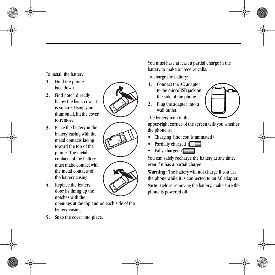 1getting started, Phone battery | Kyocera S2410 User Manual | Page 9 / 72