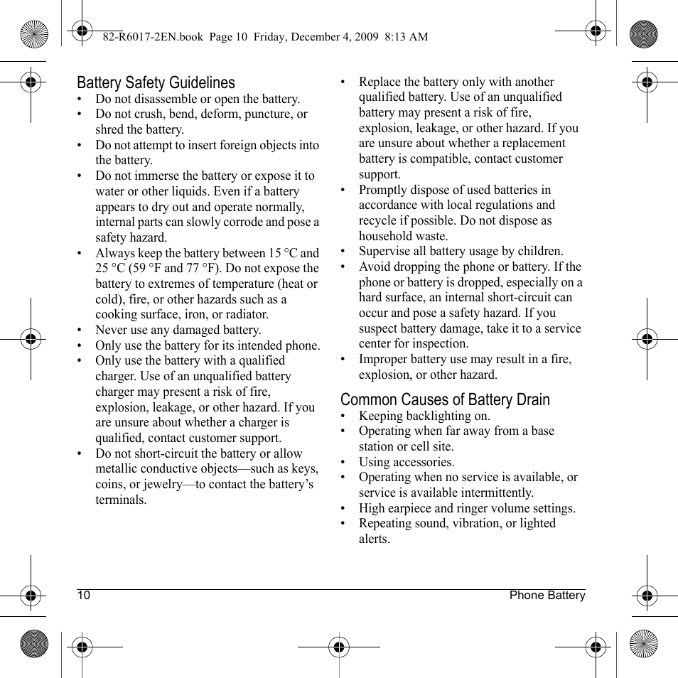 Battery safety guidelines, Common causes of battery drain | Kyocera TOMO S2410 User Manual | Page 10 / 72