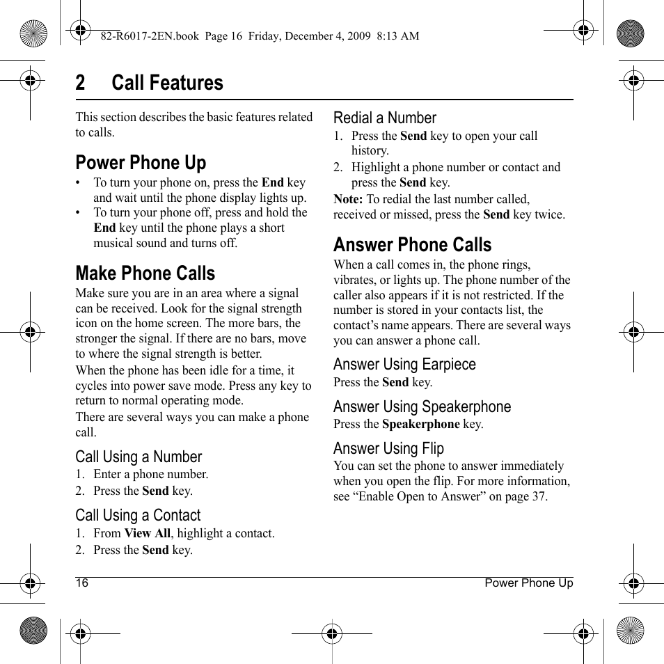 2call features, Power phone up, Make phone calls | Answer phone calls | Kyocera TOMO S2410 User Manual | Page 16 / 72