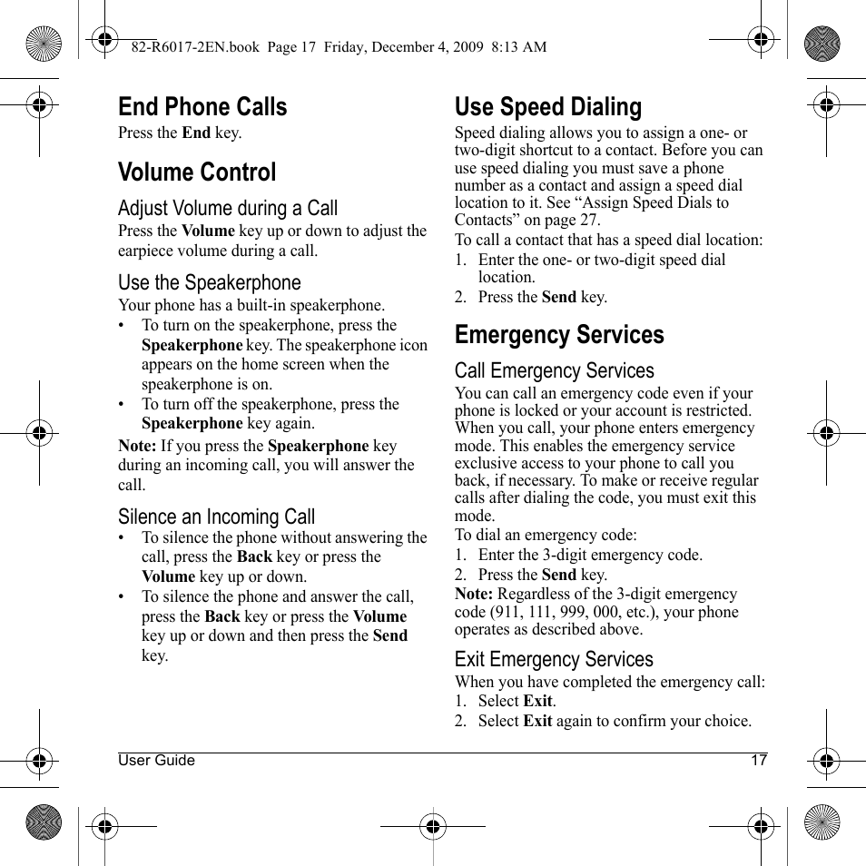 End phone calls, Volume control, Use speed dialing | Emergency services | Kyocera TOMO S2410 User Manual | Page 17 / 72