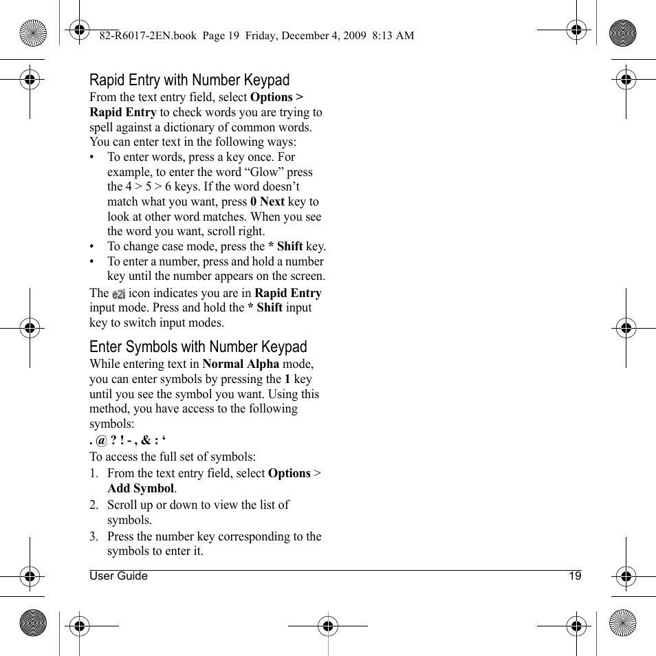 Rapid entry with number keypad, Enter symbols with number keypad | Kyocera TOMO S2410 User Manual | Page 19 / 72