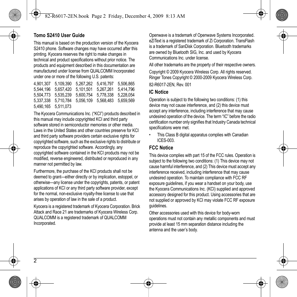 Kyocera TOMO S2410 User Manual | Page 2 / 72