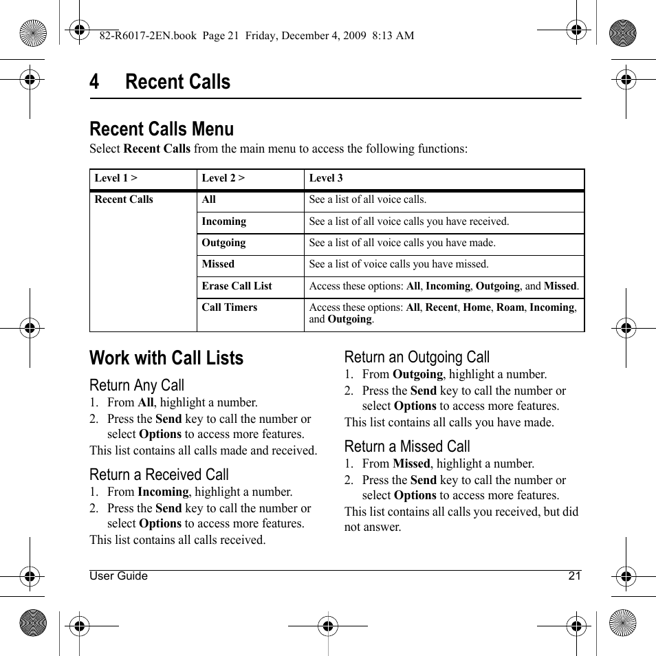 4recent calls, Recent calls menu, Work with call lists | Return any call, Return a received call, Return an outgoing call, Return a missed call | Kyocera TOMO S2410 User Manual | Page 21 / 72