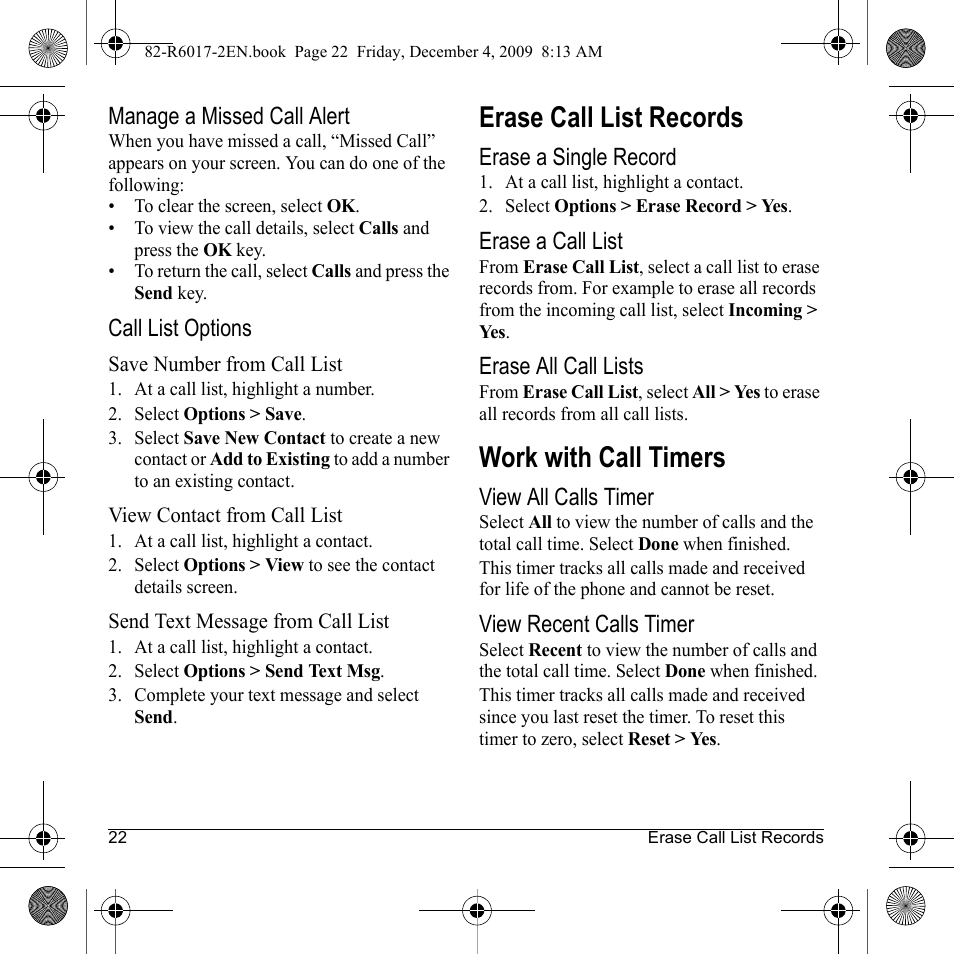 Erase call list records, Work with call timers | Kyocera TOMO S2410 User Manual | Page 22 / 72