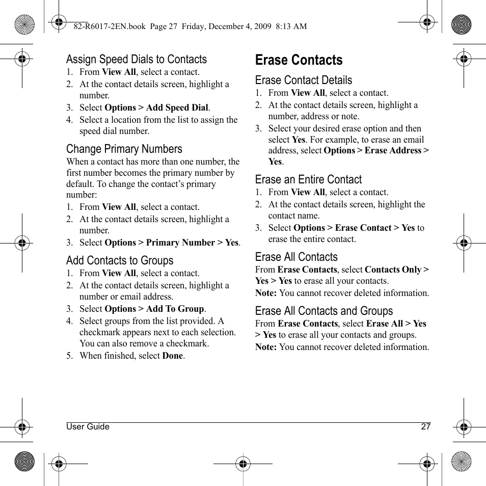 Erase contacts | Kyocera TOMO S2410 User Manual | Page 27 / 72