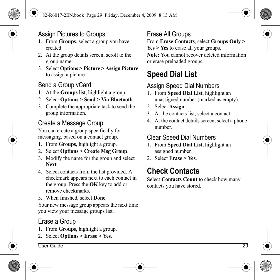 Speed dial list, Check contacts | Kyocera TOMO S2410 User Manual | Page 29 / 72