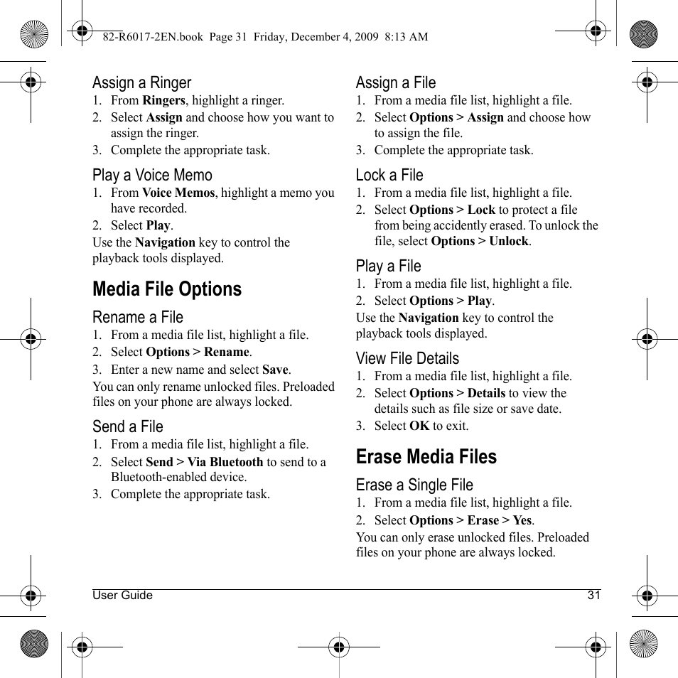 Media file options, Erase media files | Kyocera TOMO S2410 User Manual | Page 31 / 72